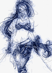 Fototapeta premium WOMAN SWORD ILLUSTRATION SKETCH POSTER IMAGE