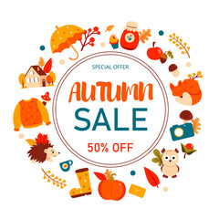 Autumn sale banner with colorful elements. illustration.
