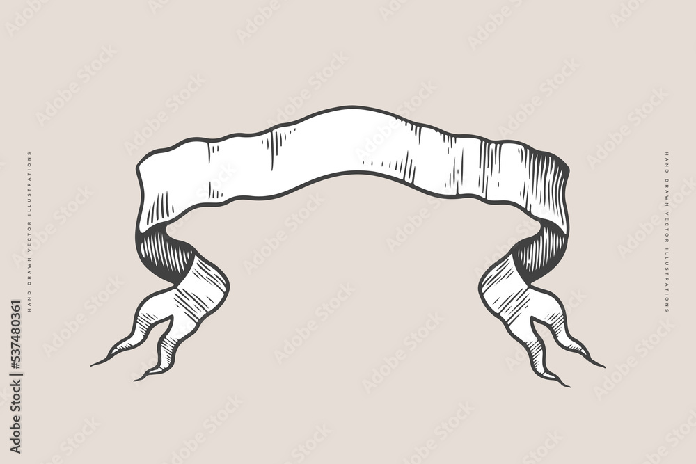 Poster Ribbon in engraving style. Vintage ribbon with empty space on a light background. Retro banner for your design. Monochrome vector illustration.