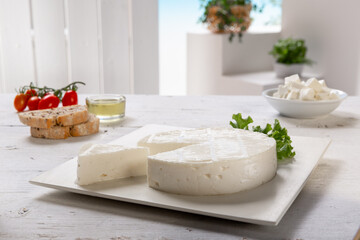 fresh cheese with slice and basil leaf, tomatoes, salad leaf, olive oil, on white square plate, placed on a white wooden table