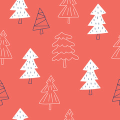 Draw seamless patterns with christmas trees on red background for christmas and winter and New year Doodle cartoon style