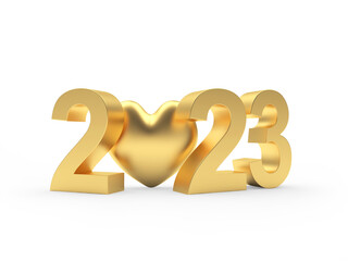 Golden heart with New Year's number 2023 on white. 3D illustration