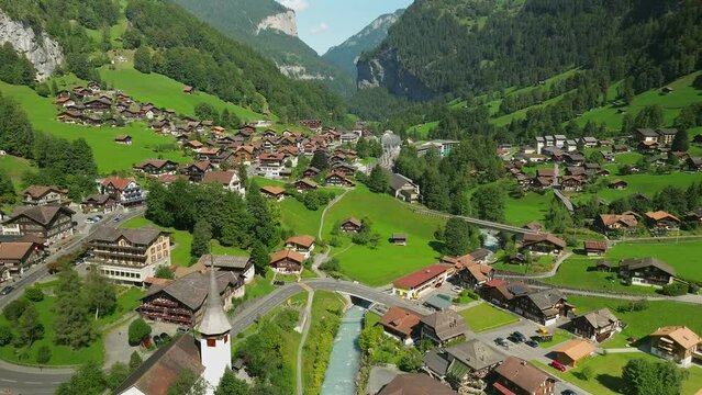 Aerial view of the Lauterbrunnen valley and Kirche church, Switzerland