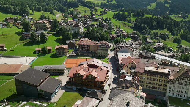 Aerial view over the Main Street in Wengen, Switzerland