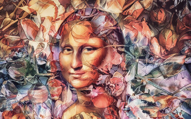 reproduction of Mona Lisa by Leonardo da Vinci in rose petals.