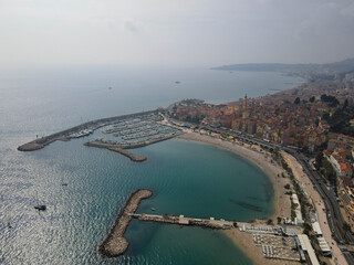 Aerial view of Menton in French Riviera from above. Drone view of France Cote d'Azur sand beach...