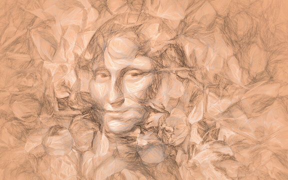 reproduction of Mona Lisa by Leonardo da Vinci in rose petals and drawing effect.