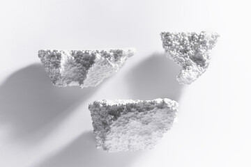 White podiums mockup of styrofoam as abstract flying snowy platforms in sky  for presentation...