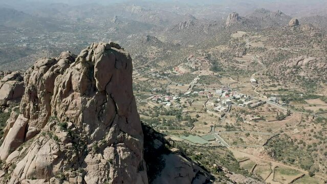 Aerial drone shots of Granite mountain in Alshafa area in Taif, Saudi Arabia