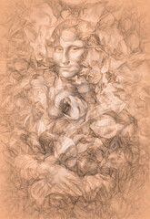 reproduction of Mona Lisa by Leonardo da Vinci in rose petals and drawing effect.
