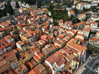 Aerial view of Menton in French Riviera from above. Drone view of France Cote d'Azur sand beach...