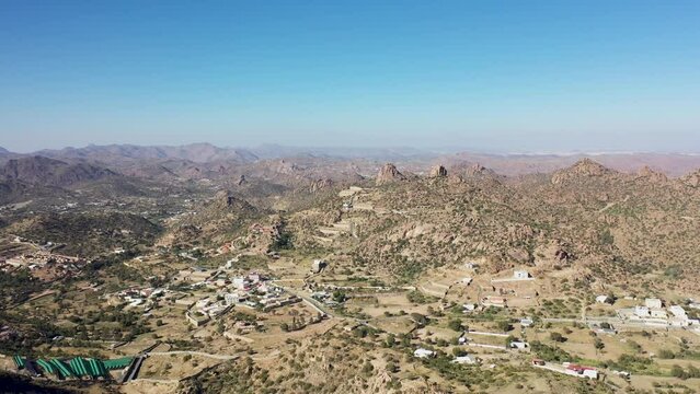 Aerial drone shots of small village in Alshafa valley in Taif, Saudi Arabia