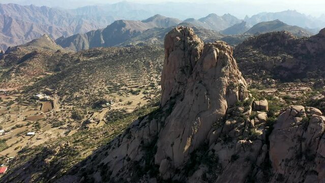 Aerial drone shots of Granite mountain in Alshafa area in Taif, Saudi Arabia