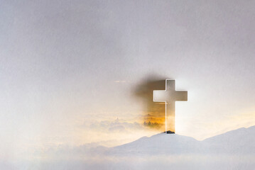 Silhouette of christian cross on mountain hill background. Copy space. Faith symbol. Church worship, salvation concept. Faith symbol in Jesus Christ. Holy cross for Easter day. Christianity