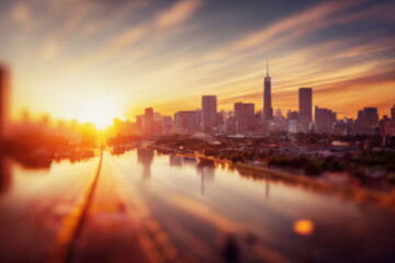Obraz premium Abstract background cityscape blurred in golden hour. Blurred abstract city light background. 3d illustration.