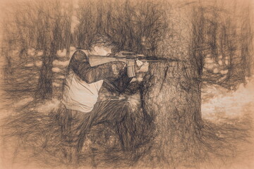 Airsoft soldier in the nature and drawing effect.