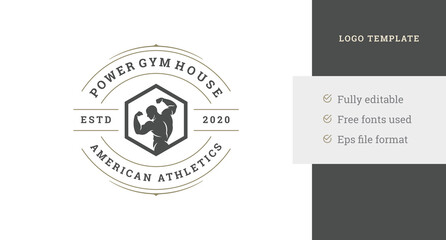 Athletic man biceps silhouette geometric frame circle fitness club logo design template vector