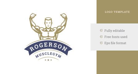 Powerful male athlete muscular biceps raising hands vintage monochrome logo design template vector