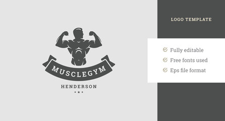Male muscular body monochrome silhouette fitness club logo design template with ribbon vector