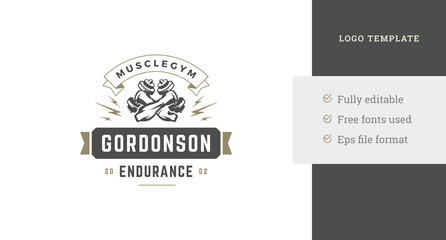 Fototapeta premium Monochrome gym club logo design template crossed muscular hands training heavy dumbbells vector