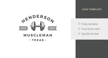 Heavy metallic dumbbell fitness club vintage logo design template monochrome decorative vector
