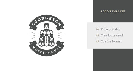 Athletic man muscular body holding dumbbells lightnings fitness center logo template design vector