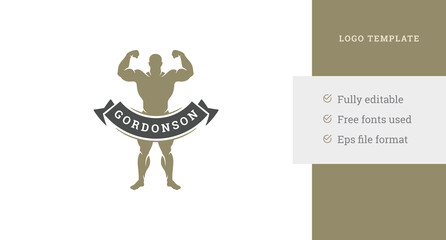Athletic powerful male perform biceps muscles monochrome premium vintage logo design template vector