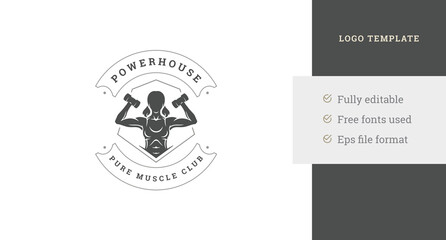 Muscular woman silhouette training dumbbells sport fitness club logo design template vector