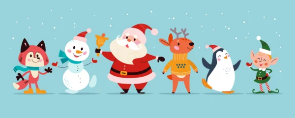 Foto op Canvas Merry Christmas concept with Santa Claus and winter animals stand together. Vector flat Christmas illustration. For banner, card, package. © artflare