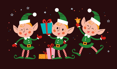 Santa elves characters with gifts isolated. Vector flat Christmas illustration. For banner, sticker, packaging.