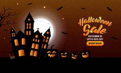 Happy Halloween background design poster, banner and web header. Illustration of cute scary pumpkins.