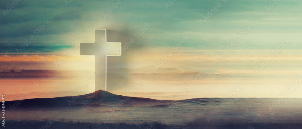 Wall mural silhouette of christian cross on mountain hill background. copy space. faith symbol. church worship,