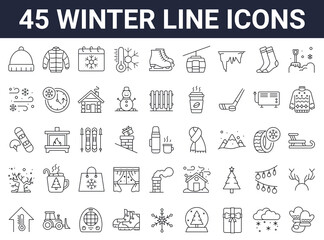 Set of 45 winter, christmas, new year line icons. Editable stroke. Outline collection