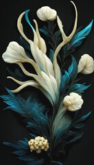 Abstract elegant floral background. Decorative ivory corals carved flowers. 3D illustration.