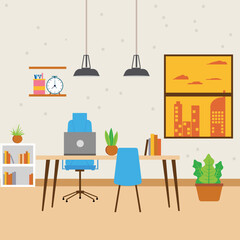 Fototapeta premium Office workstation furniture interior concept. Vector flat graphic design cartoon illustration