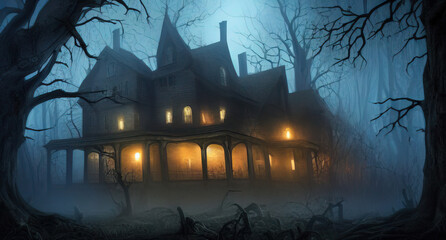 Illustration of a creepy nightmare Halloween scene with spooky old haunted house in a dark forest. - obrazy, fototapety, plakaty