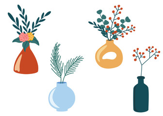 Christmas flowers in a vase set. Decor for New Year Christmas and holiday. Cozy winter time. Flat vector illustration isolated on white background