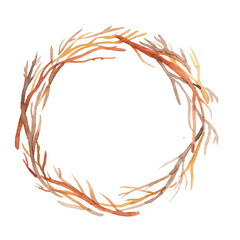 Watercolor hand drawn wreath with wooden sticks isolated 