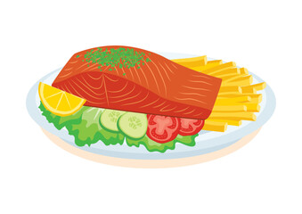 Salmon steak meat with french fries and vegetable garnish icon vector. Grilled salmon seafood icon vector isolated on a white background. Salmon on a plate drawing