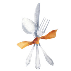 Watercolor hand drawn cutlery set - fork, spoon and knife tied with a brown ribbon