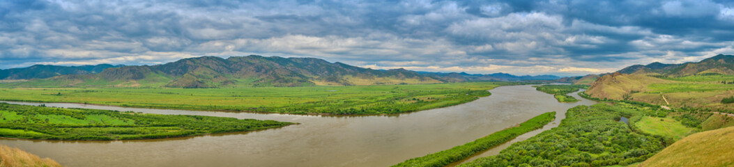 View of the Selenga River from Mount Omulevaya near the city of Ulan-Ude, Republic of Buryatia, Russia.