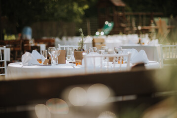 Wedding decoration table in brown and white colors with wood and glass