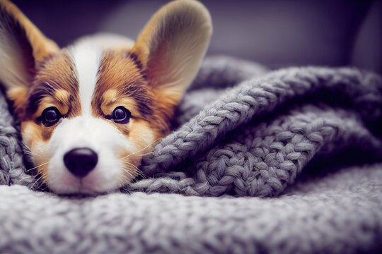 Cute Corgi Puppy Kitten Slepping On On Sofa Under Blanket.