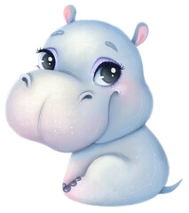 Transparent illustration of a cute cartoon hippo. Cute animals. PNG