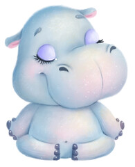 Transparent illustration of a cute cartoon hippo. Cute animals. PNG