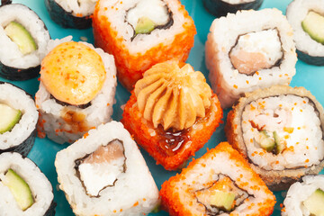 Sushi rolls japanese food on a plate top view
