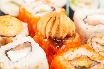 Sushi rolls japanese food on a plate top view