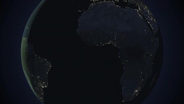 Seamless looping animation of the earth at night zooming in to the 3d map of Equatorial Guinea with the capital and the biggest cites in 4K resolution