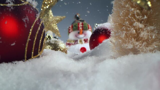 Super slow motion of falling snow with Christmas glass balls. Camera movement on slider. Filmed on high speed cinema camera, 800 fps.