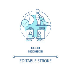 Asking neighbors to pet sit turquoise concept icon. Animal care. Good neighborhood abstract idea thin line illustration. Isolated outline drawing. Editable stroke. Arial, Myriad Pro-Bold fonts used